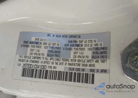 2013 Mazda Cx-9 Grand Touring z USA, uszkodzony, nr VIN JM3TB3DVXD0418383